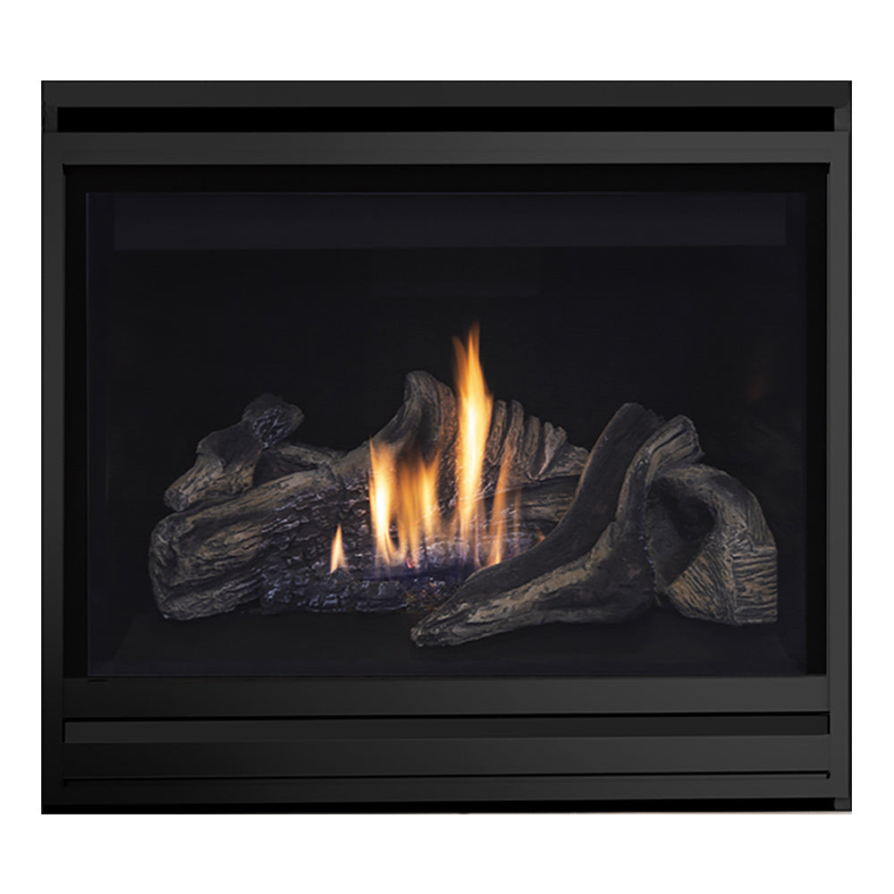 Black direct-vent gas fireplace with burning log set behind glass