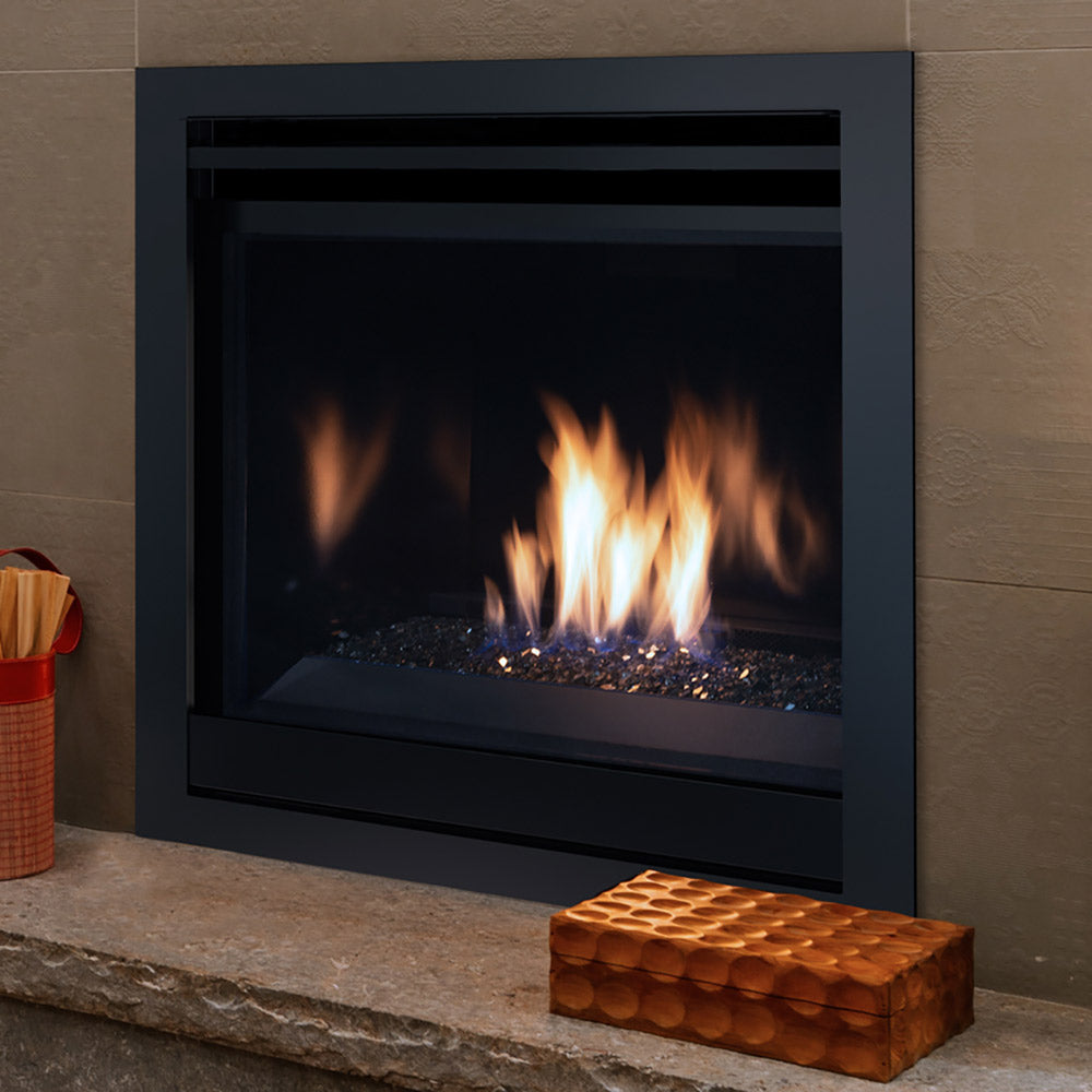 Black direct vent gas fireplace front with burning logs and flames behind glass
