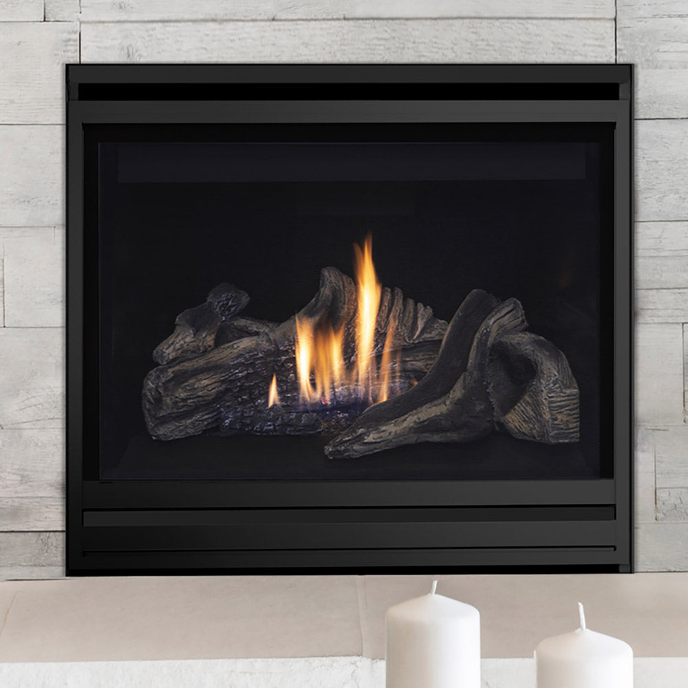 Black direct-vent gas fireplace with burning logs behind glass
