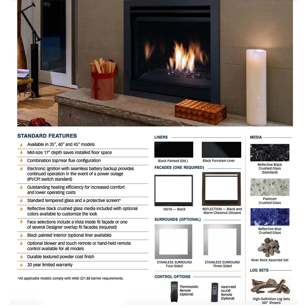 Direct vent gas fireplace brochure page with features and control options diagram