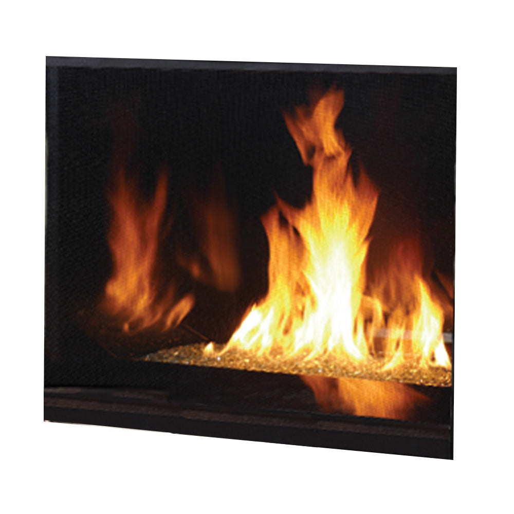 Direct vent gas fireplace with glowing flames and reflective black glass media