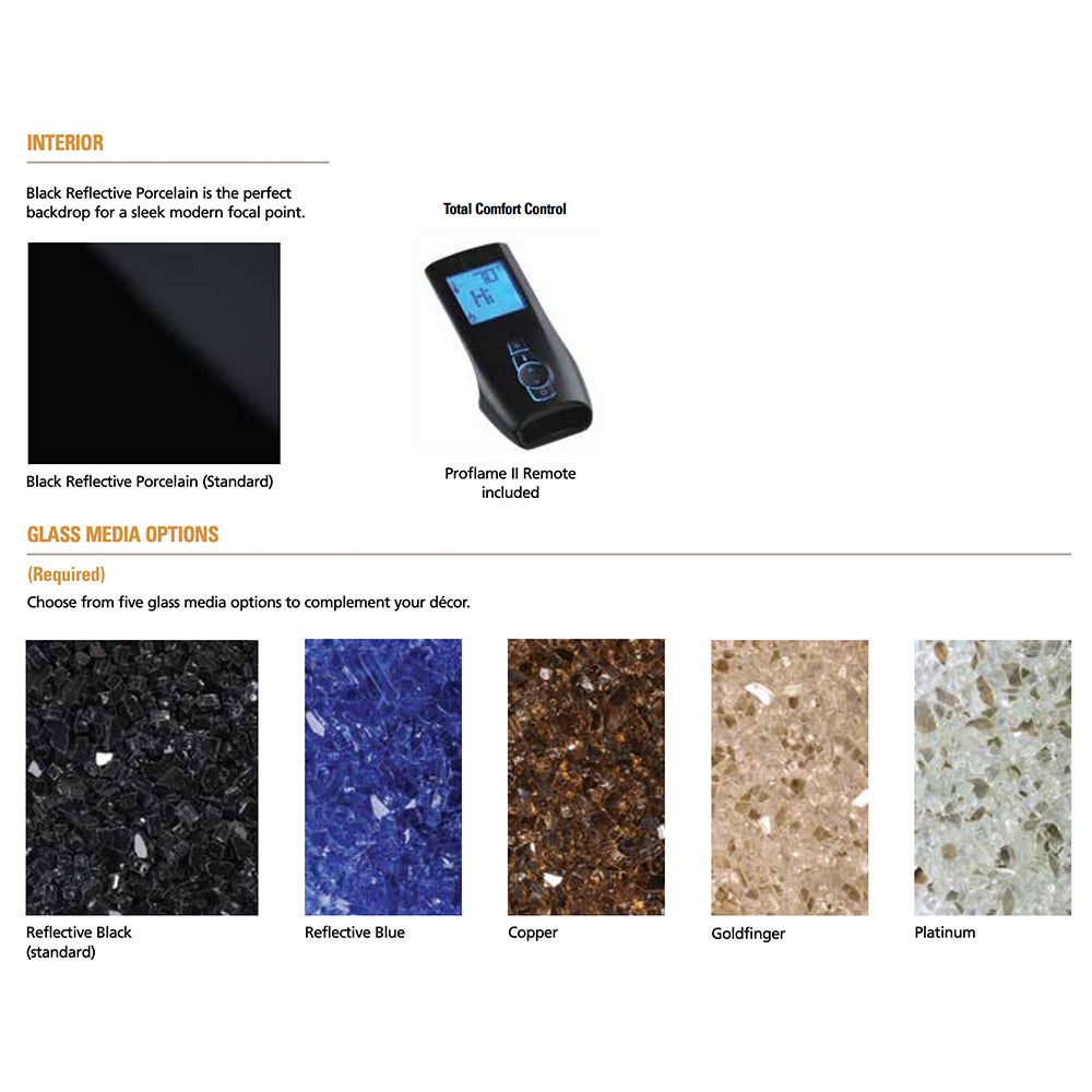 Gas fireplace remote controller and reflective glass media color options