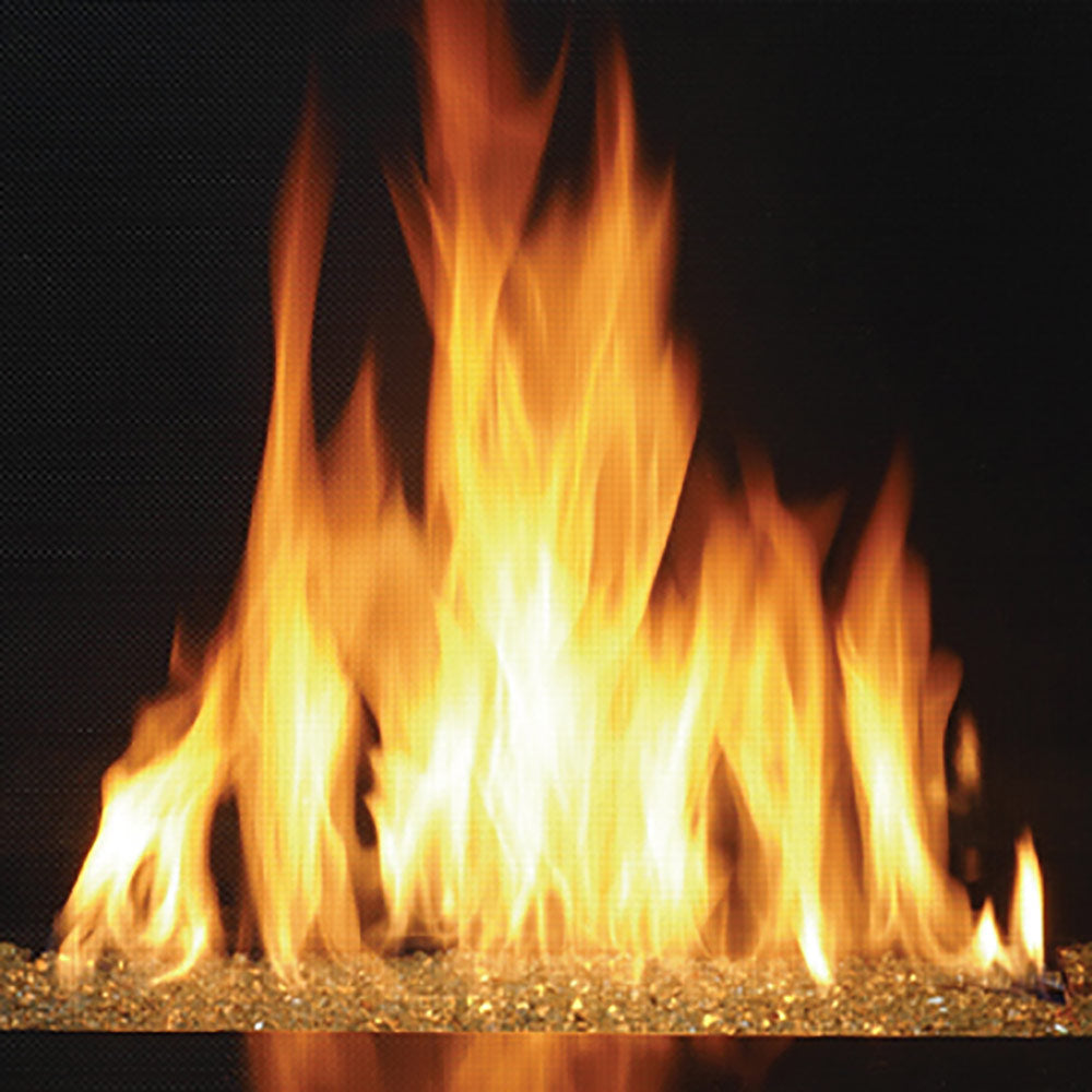 Direct vent gas fireplace burner with tall yellow-orange flames and glowing base