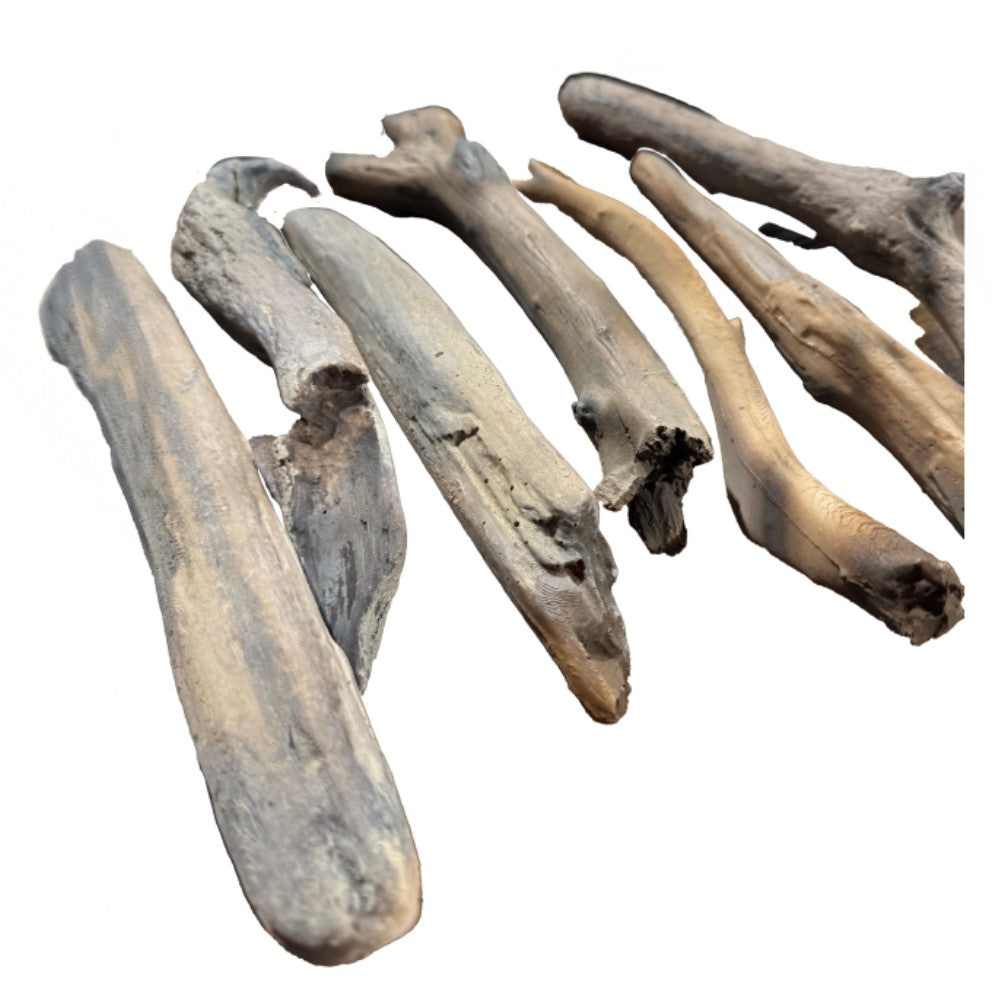 Faux wood log set with weathered gray and tan logs, natural bark texture