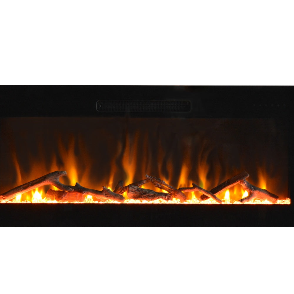 Faux wood log set in a lit fireplace with glowing embers and orange flames