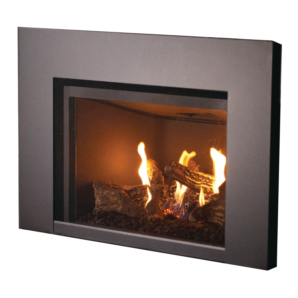 Gas fireplace insert with black frame and burning logs behind glass
