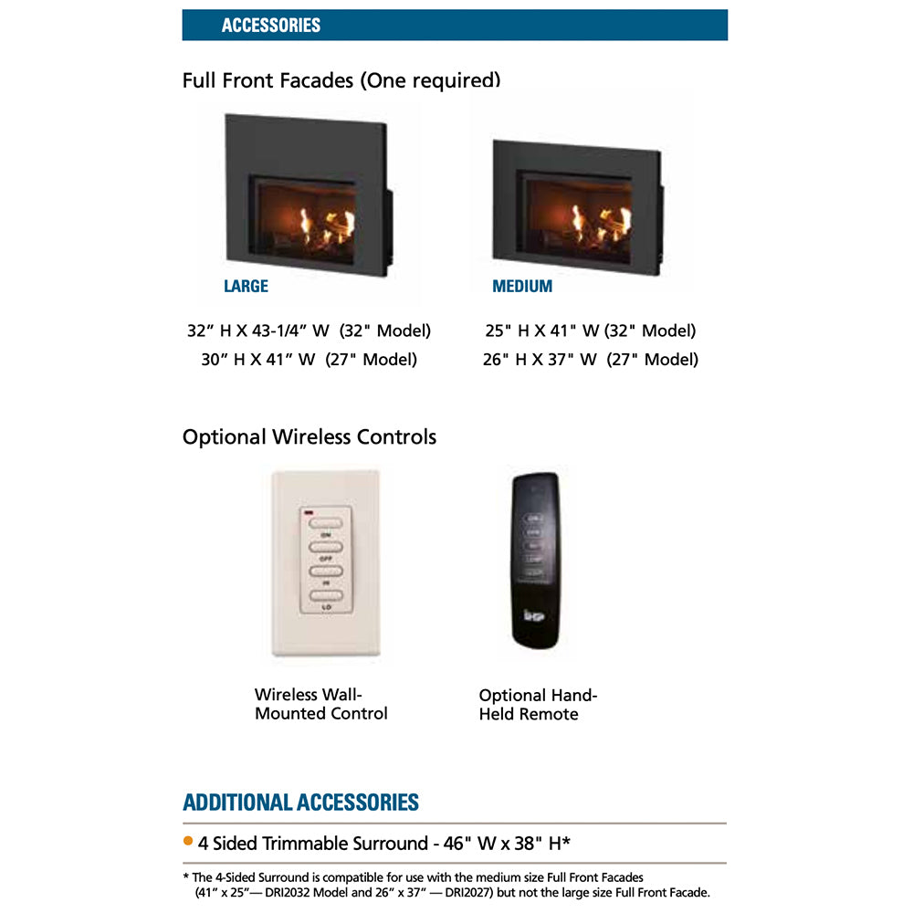Accessories chart for fireplace facades and wireless controls, wall remote shown