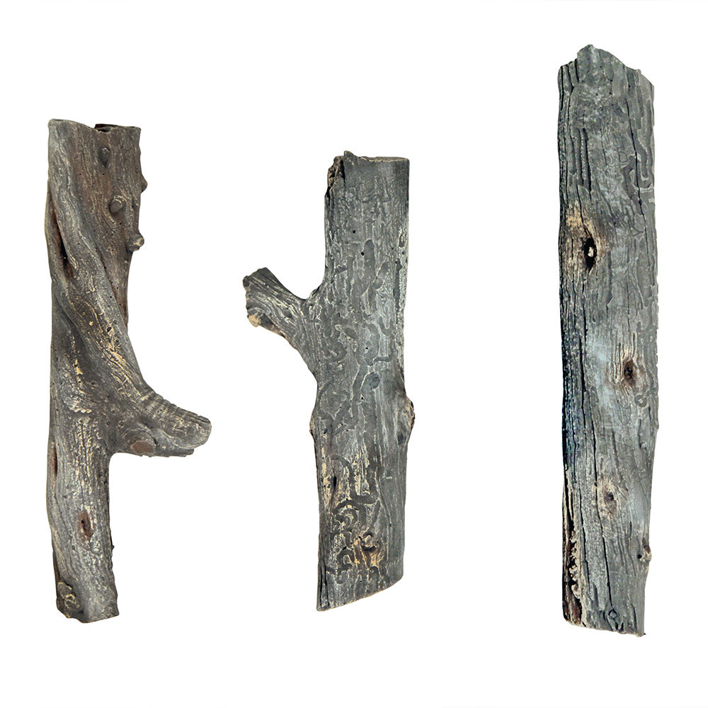Driftwood twig set with three weathered gray wood pieces, bark texture and knots