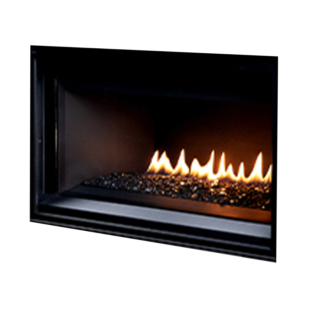 Direct vent gas fireplace with black frame, glowing flames, and crushed glass media