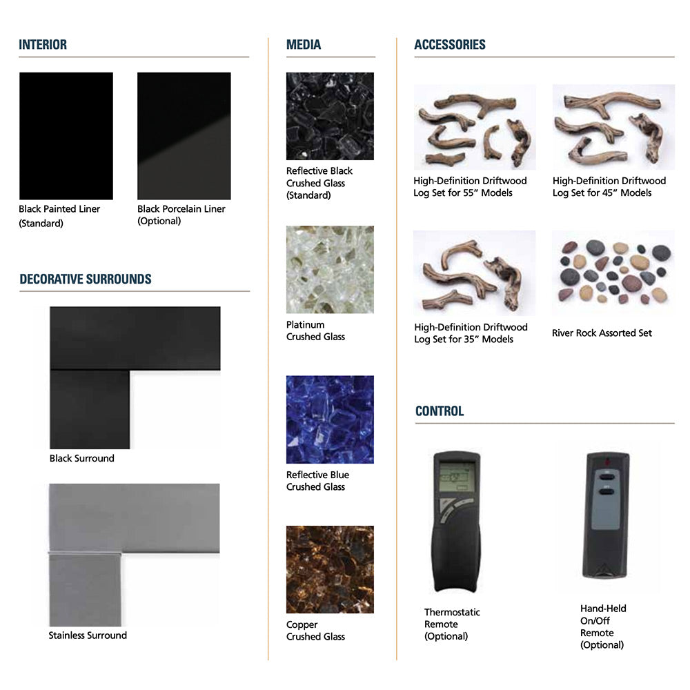 Gas fireplace options diagram showing liners, crushed glass media, surrounds, and controls