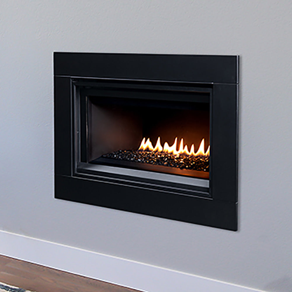 Direct vent gas fireplace with black surround, visible flames, and crushed glass media