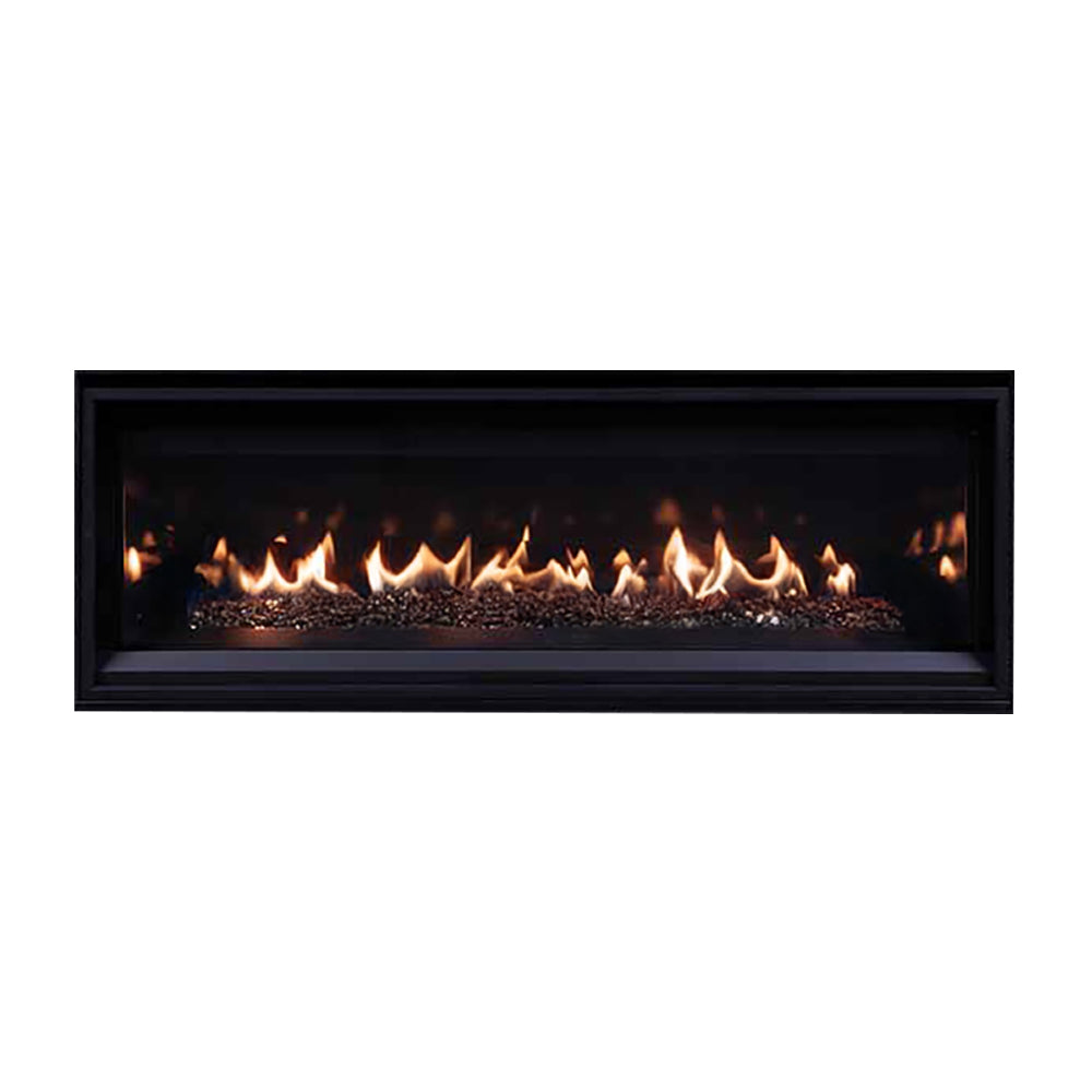 Direct vent gas fireplace with flames and crushed glass media in black surround