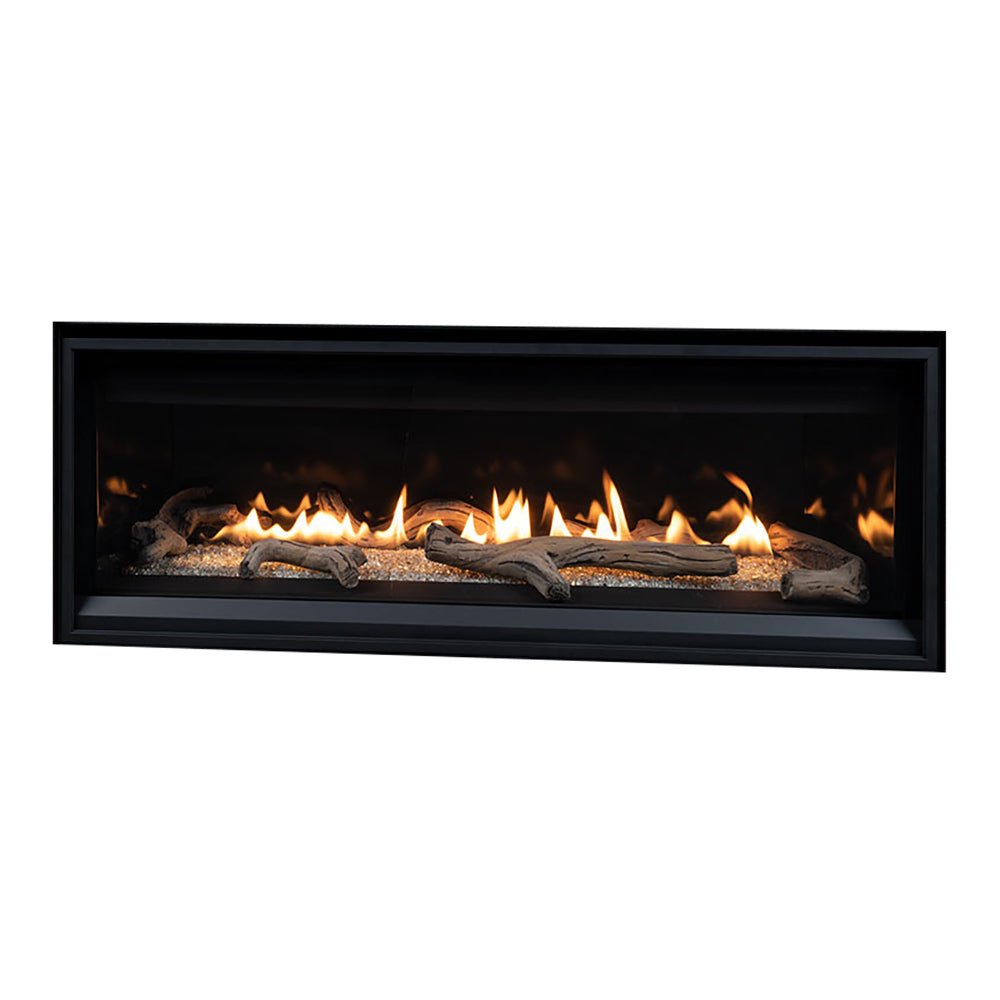 Direct vent gas fireplace with flames and dark crushed glass media, black front frame