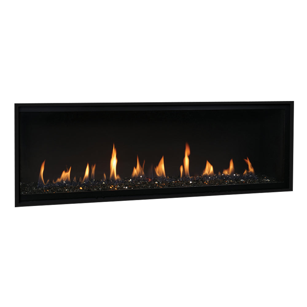 Rectangular black gas fireplace with visible flames and crushed glass media