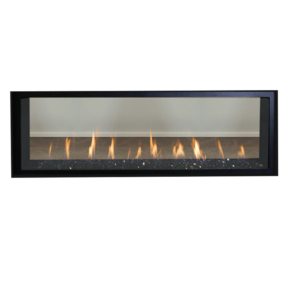 Black see-through gas fireplace with glass media bed and visible burner flames