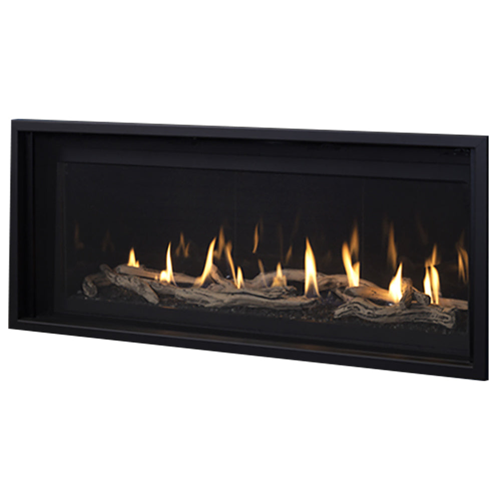 Black linear direct vent gas fireplace with burning logs behind glass