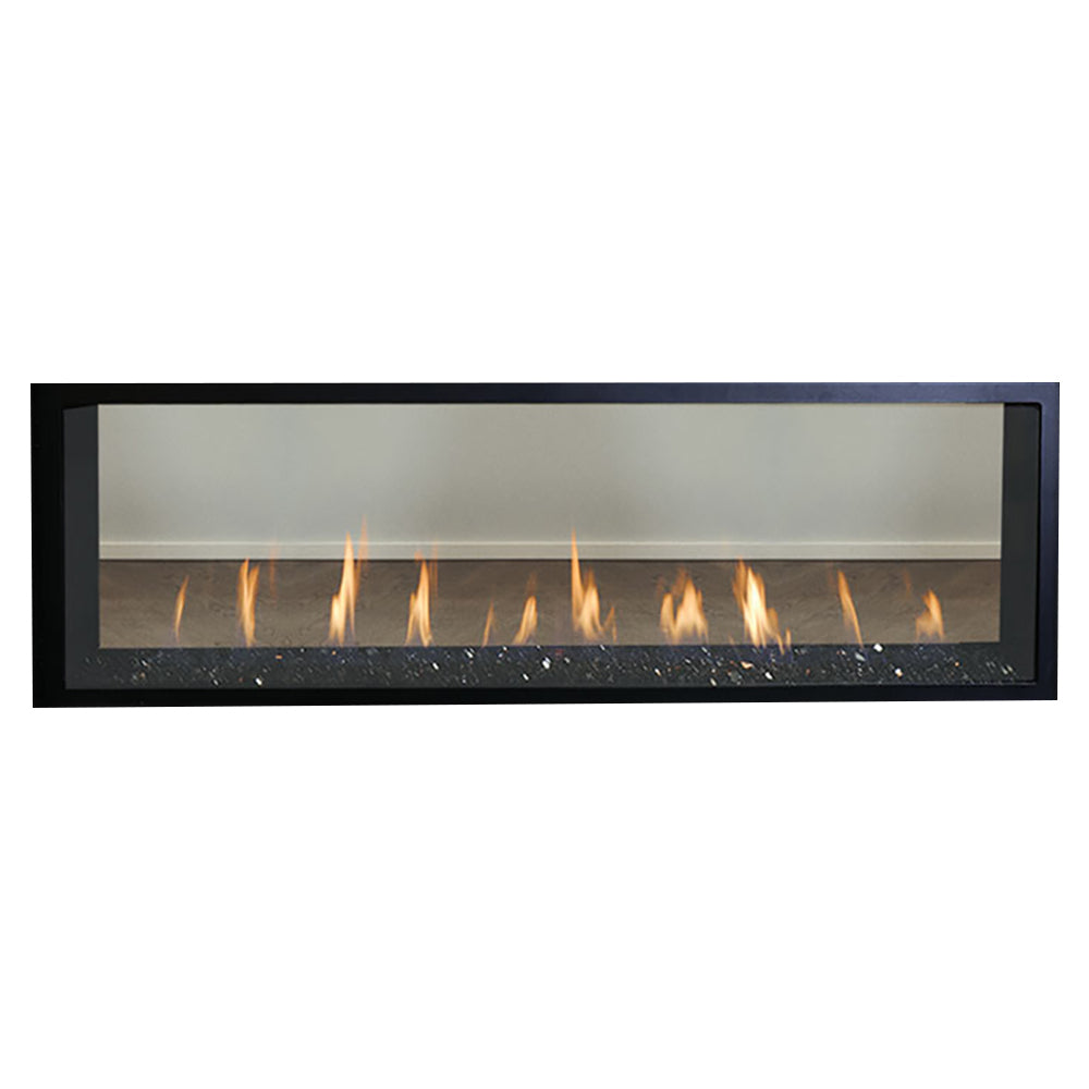 Linear gas fireplace with see-through glass and glowing flames in a black frame