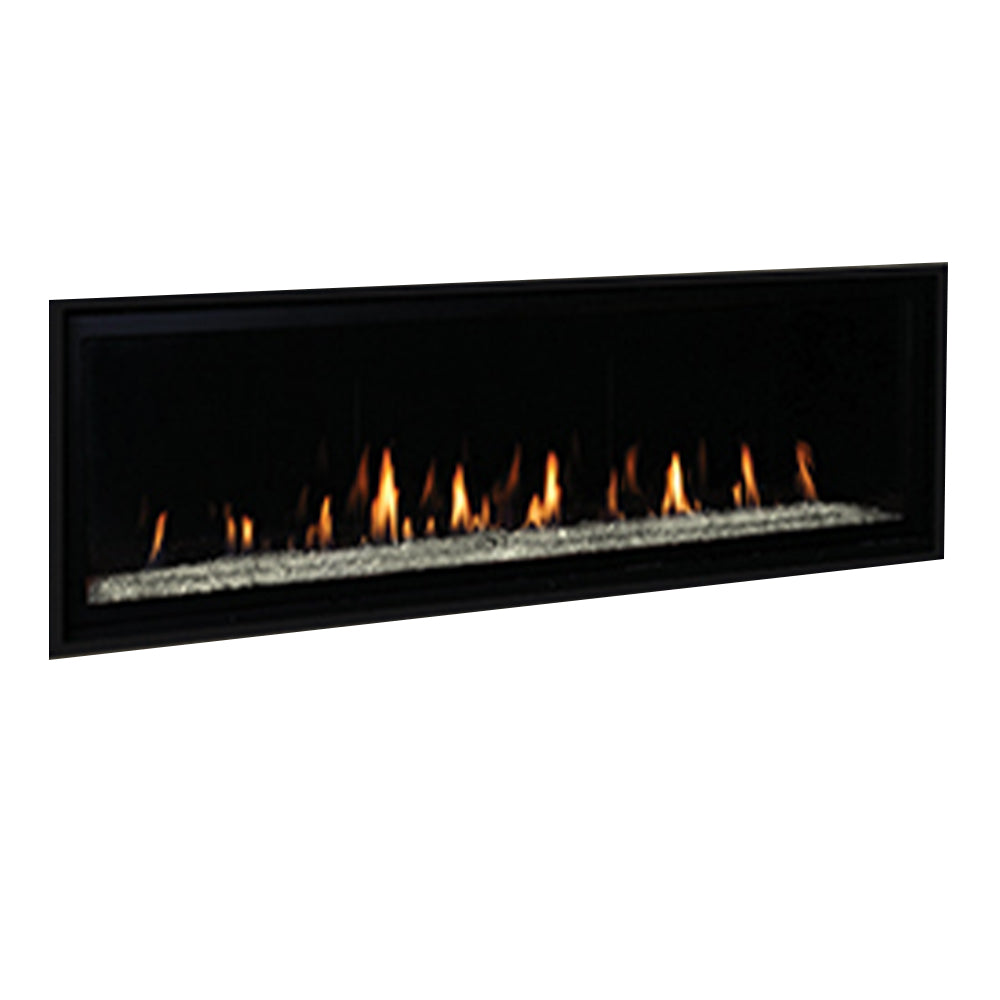 Direct vent gas fireplace with black frame, glowing flames, and crushed glass media