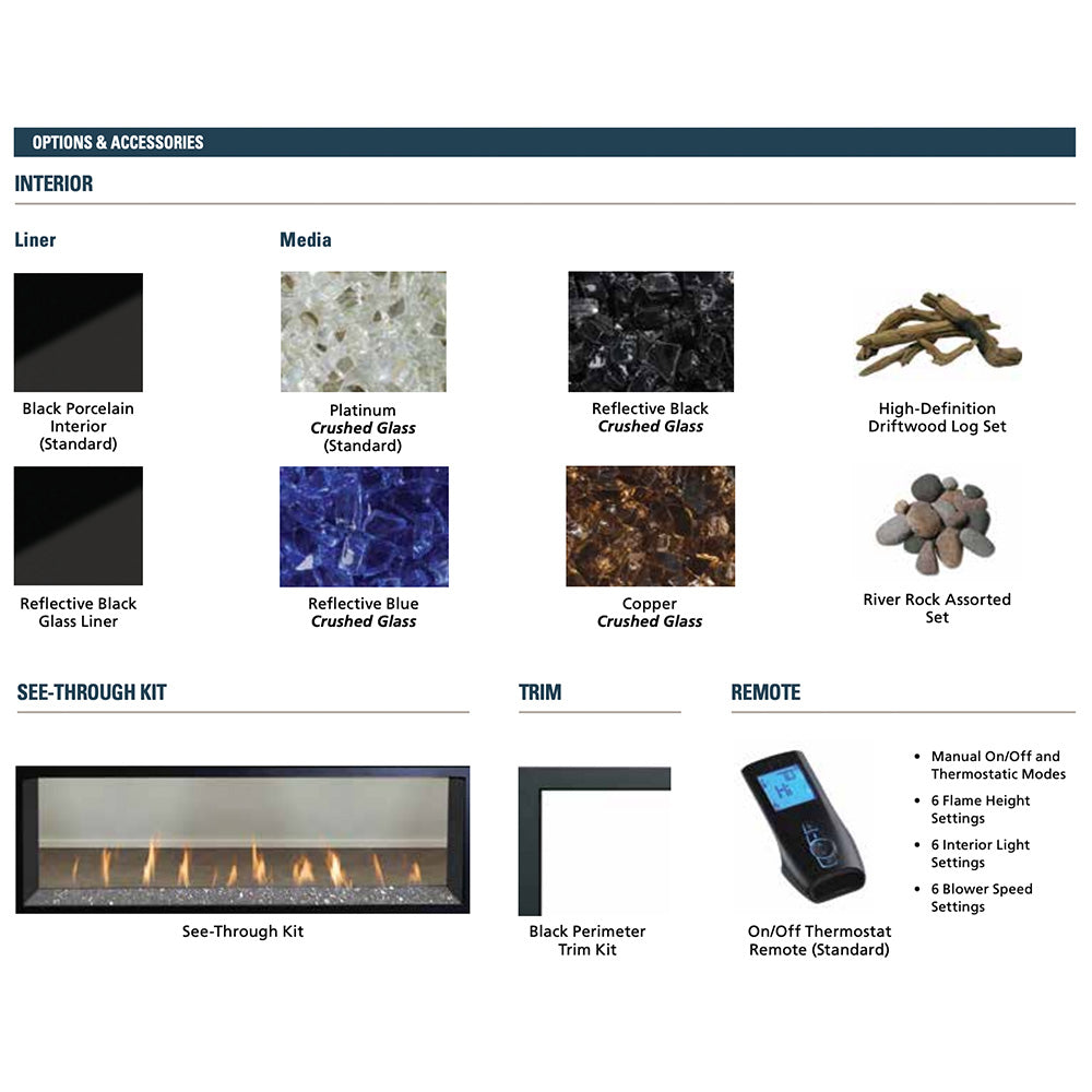 Gas fireplace remote and control panel shown with interior light settings.