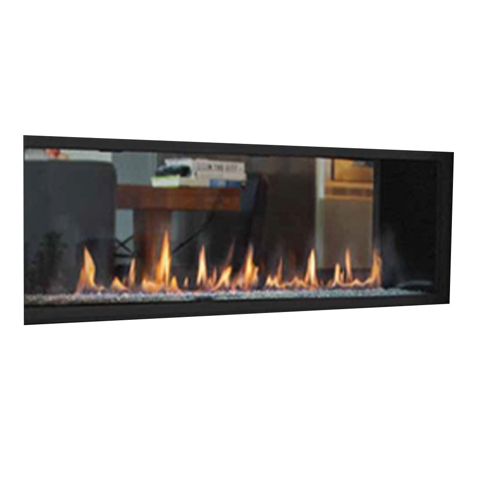 60-inch see-through gas fireplace with glass front and visible burning flames