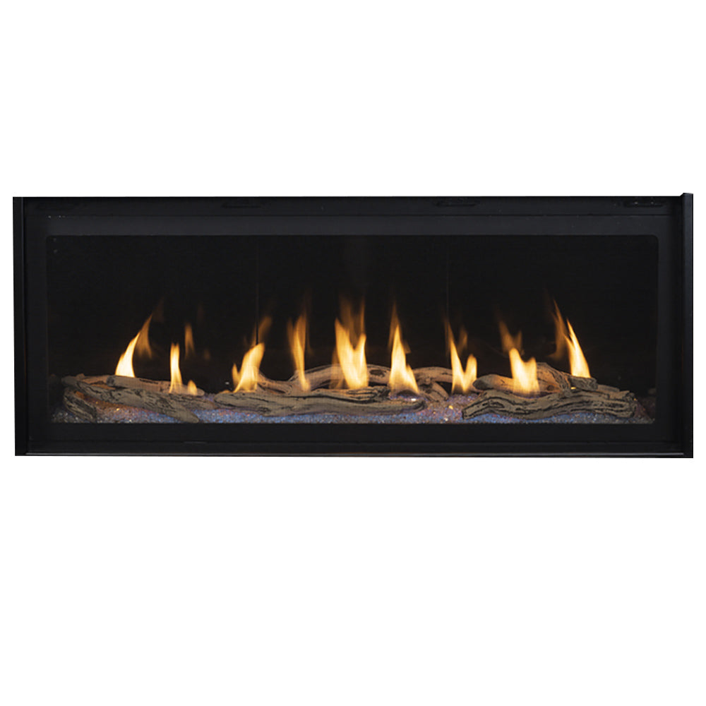 Linear gas fireplace with black frame and glowing flames over a log bed.