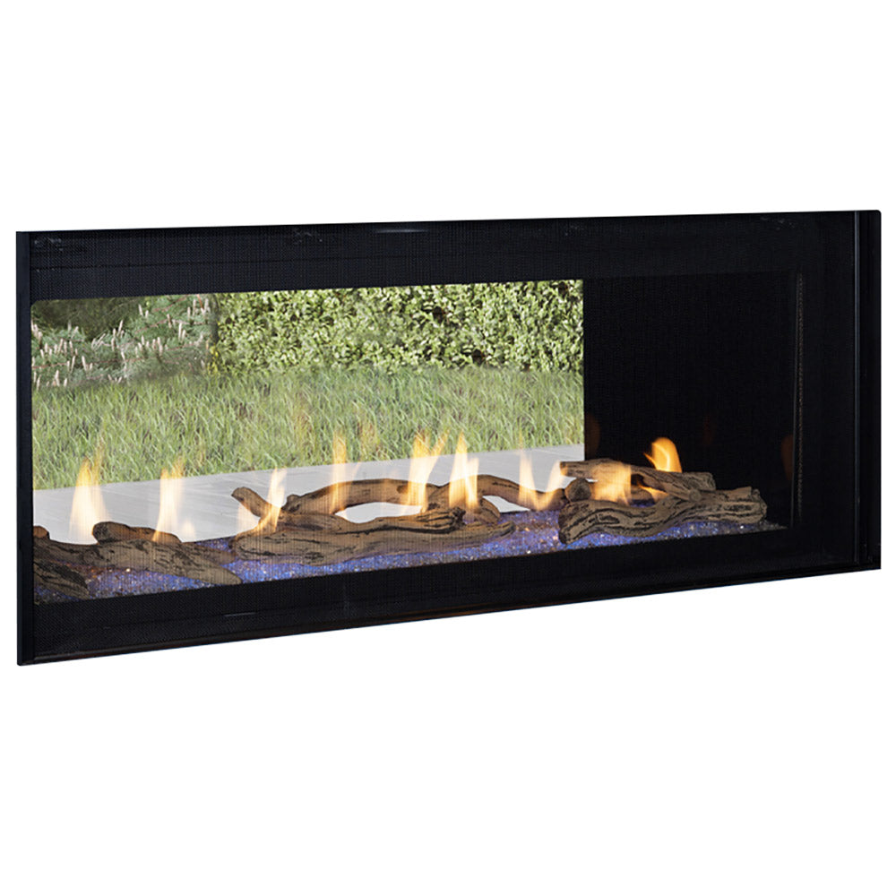 Linear see-through gas fireplace with black frame, flames over log media