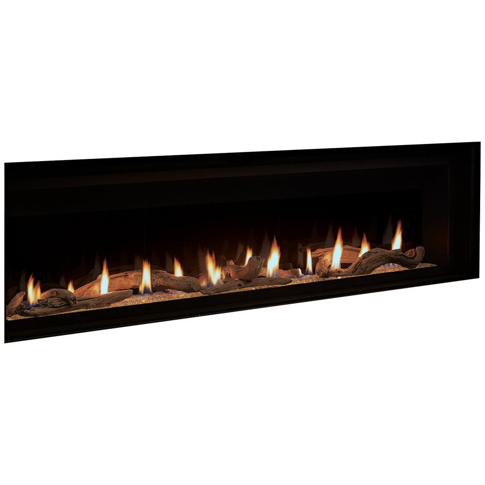 Direct vent gas fireplace with glowing flames and dark log/media bed in black frame