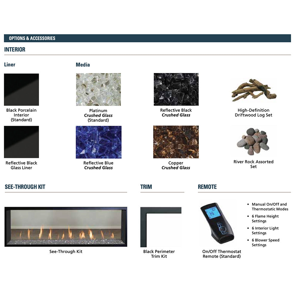 Gas fireplace accessory chart showing media options, trim kits, and remote control