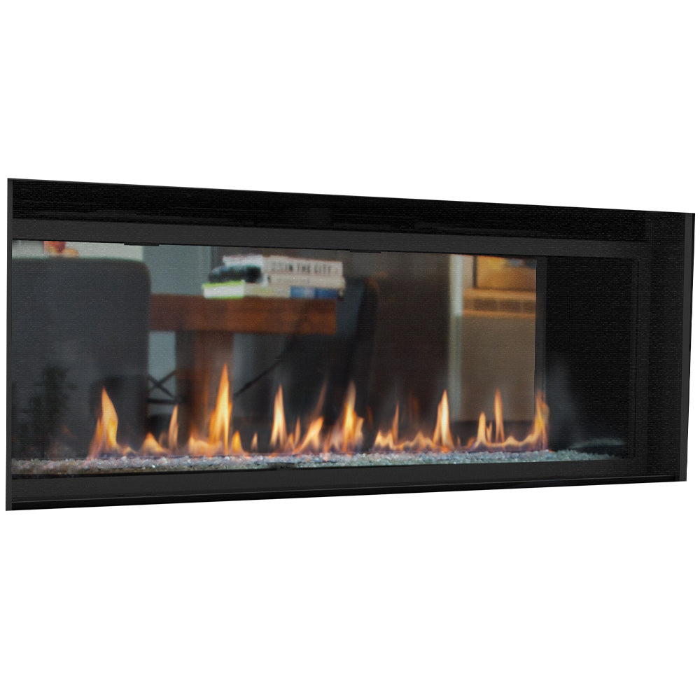 Black see-through gas fireplace with wide glass window and visible flames