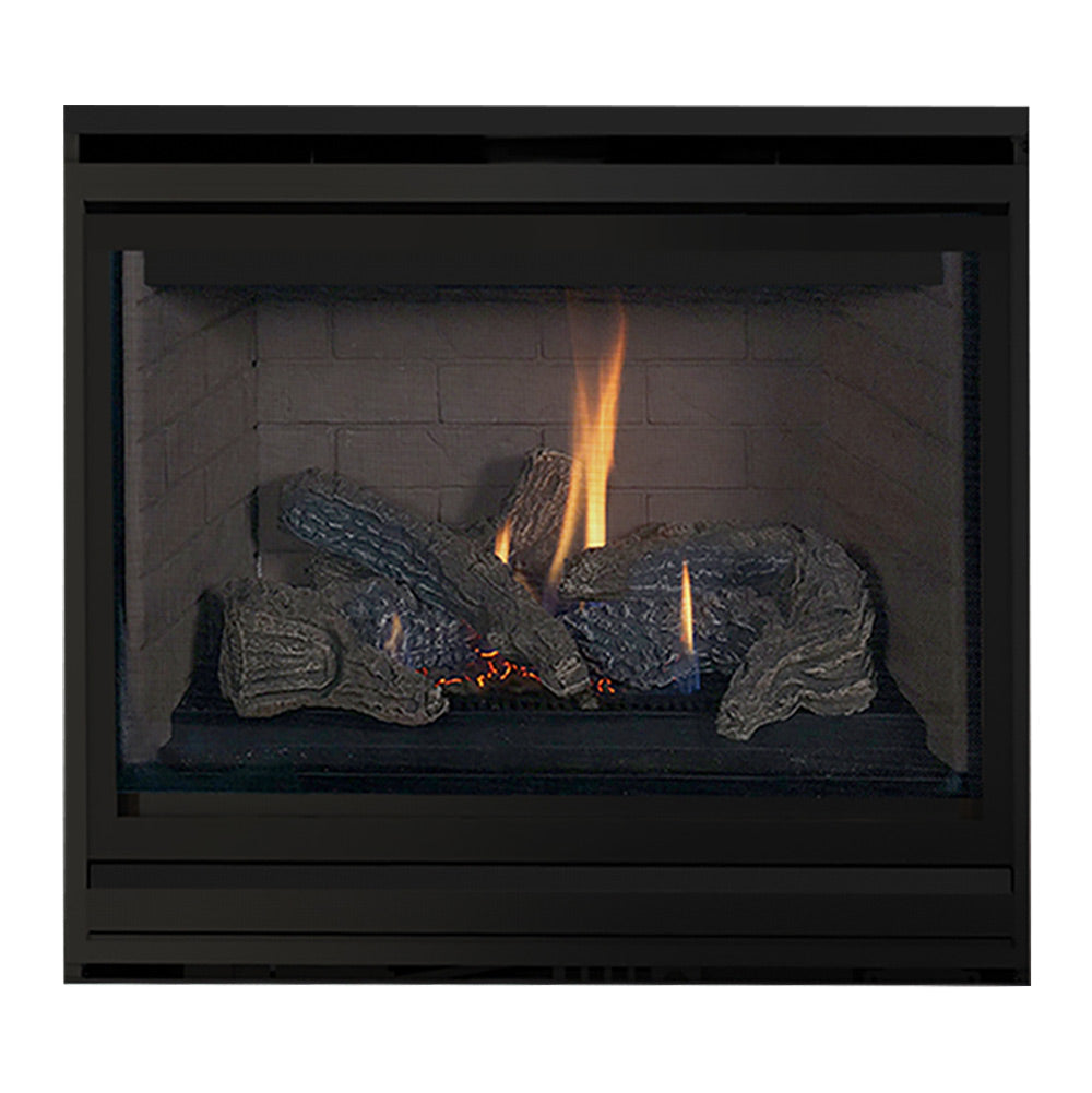 Black 40-inch direct-vent gas fireplace with glass front and burning logs