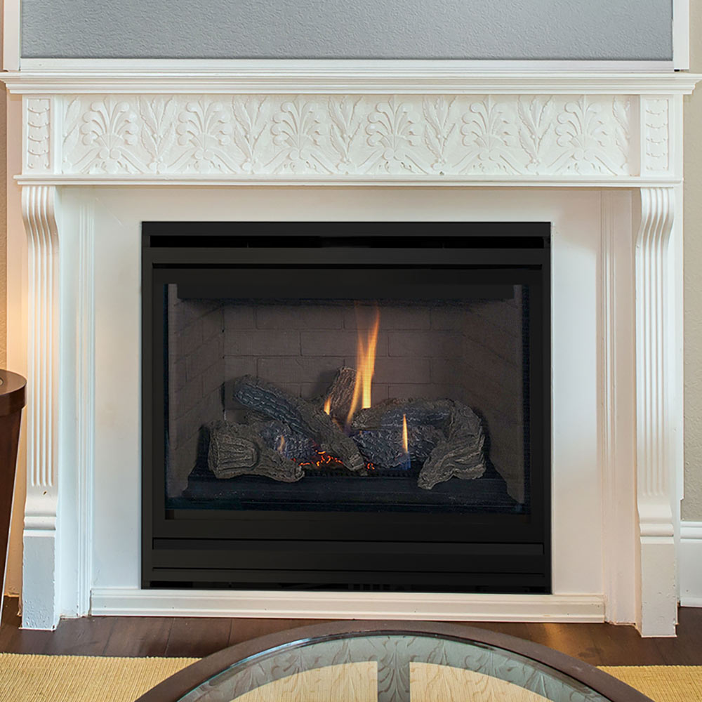 Traditional direct-vent gas fireplace insert with burning logs in black frame