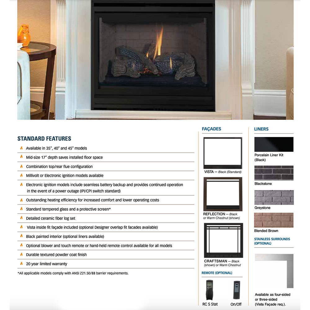Gas fireplace features brochure page with front and liner style options