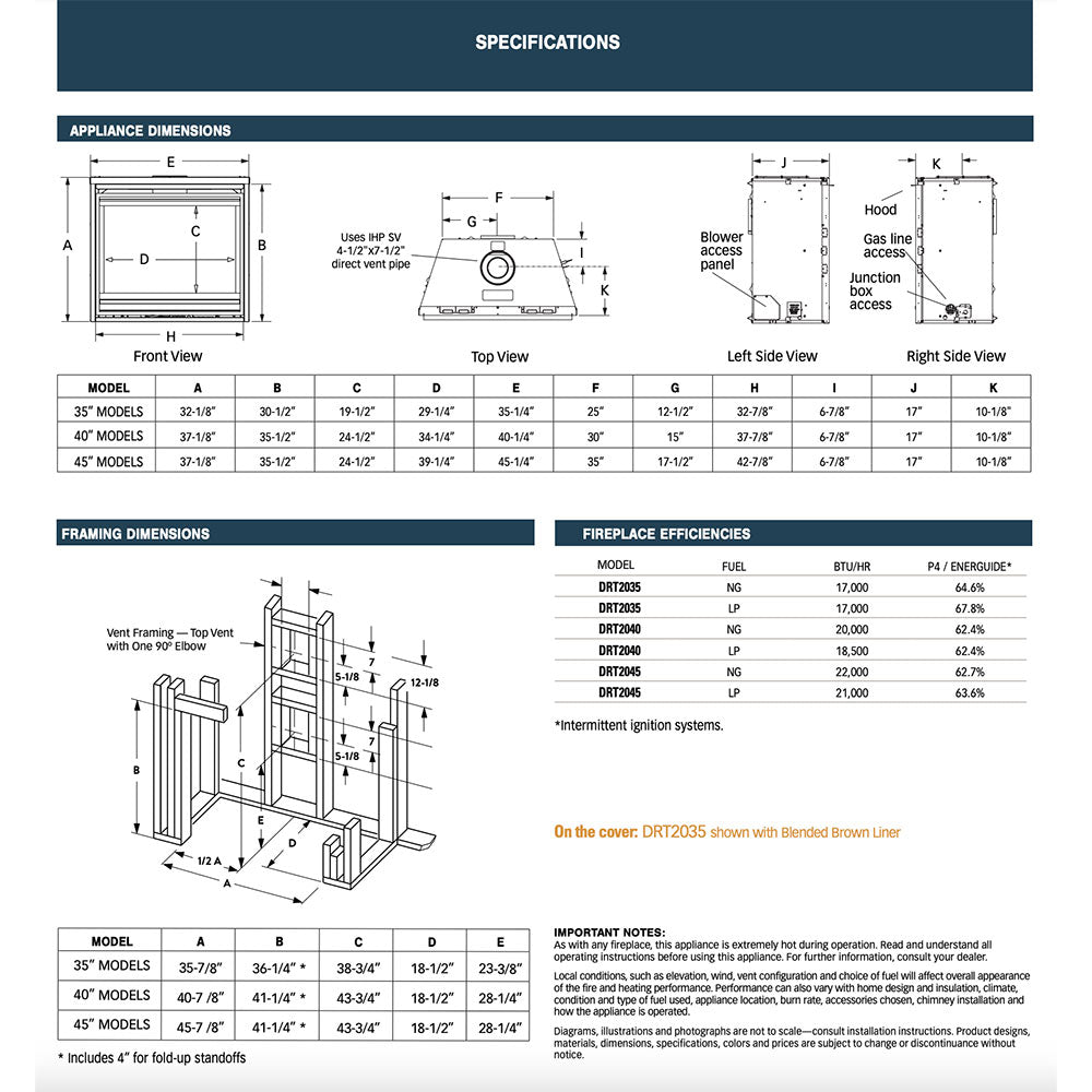 Gas fireplace specifications sheet with dimensions and efficiency table