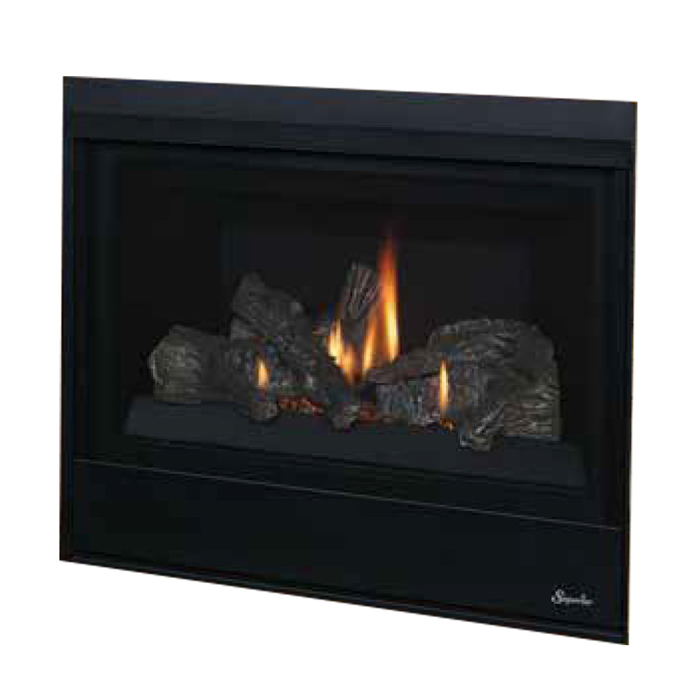 Direct vent gas fireplace with black glass front and burning log set