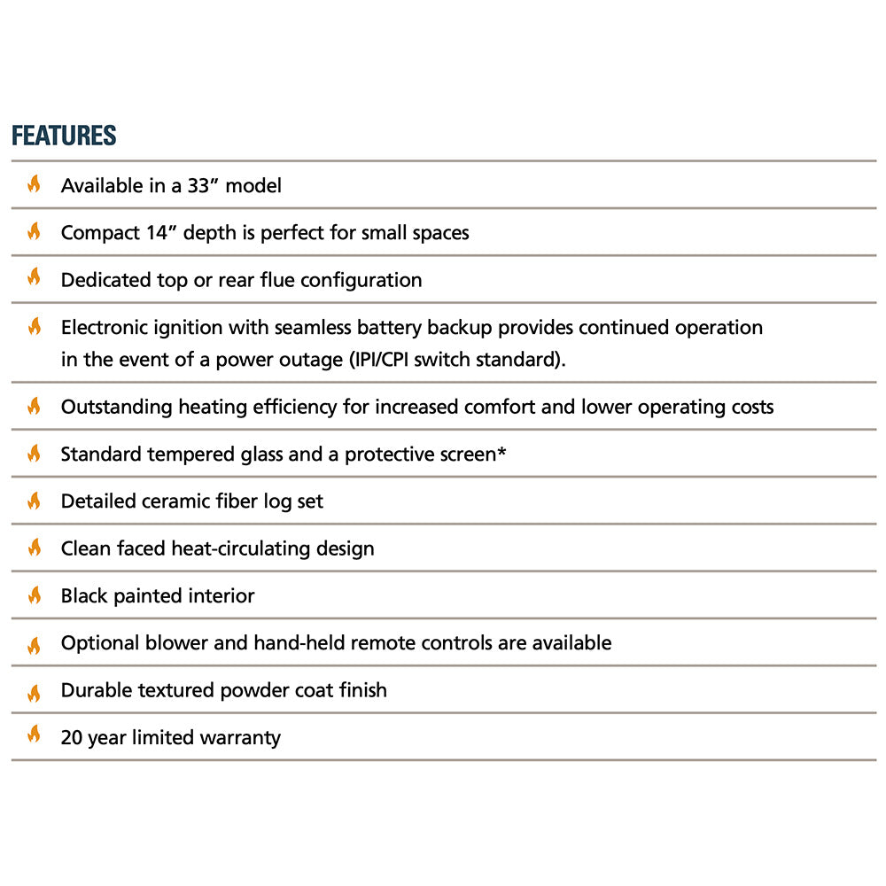 Features panel for 33-inch electronic ignition direct vent gas fireplace