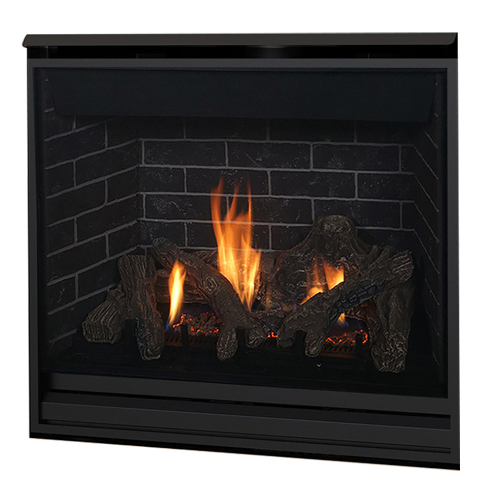 Black glass-front direct vent gas fireplace with glowing logs and orange flames