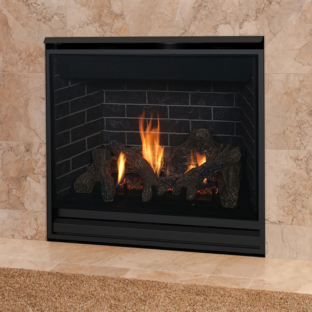 Black direct-vent gas fireplace with glass front and flames over dark logs