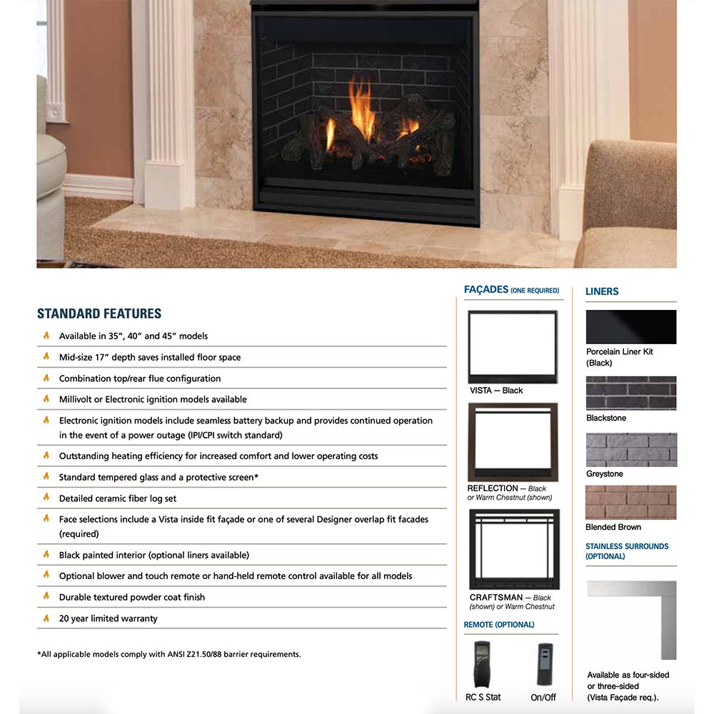 Direct vent gas fireplace feature chart showing facade and liner option names