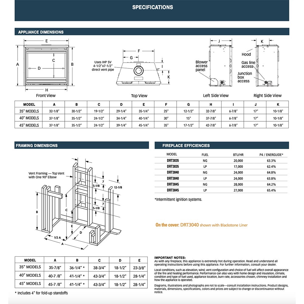Direct-vent gas fireplace specifications diagram with dimensions and venting inset