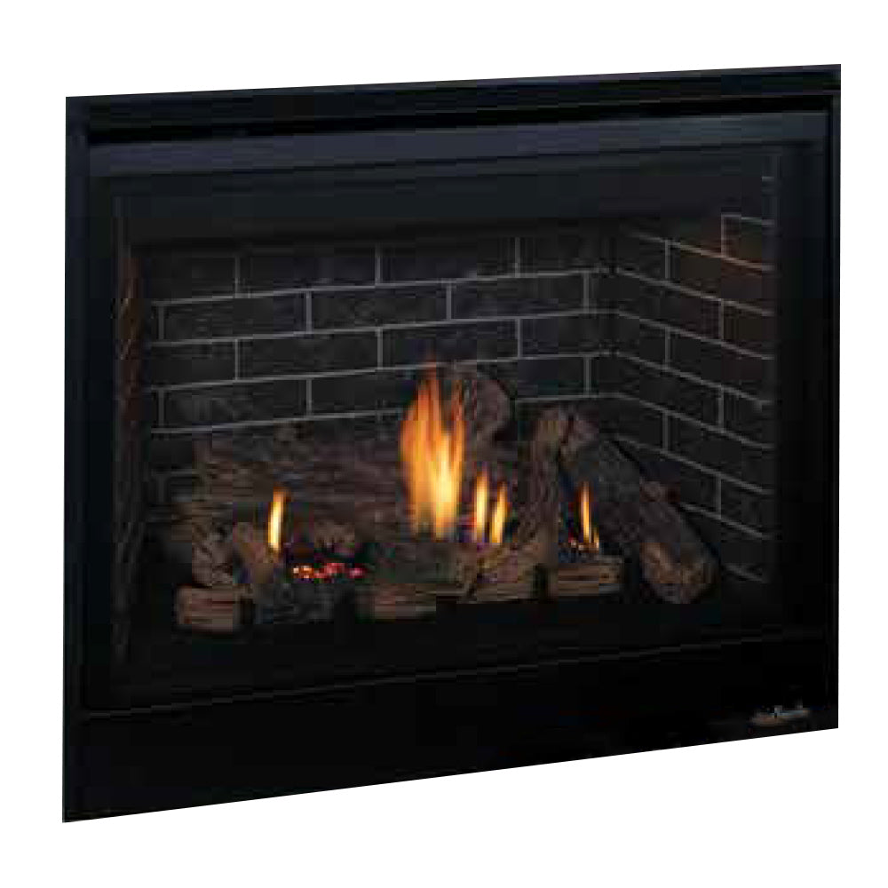 Black direct vent gas fireplace with glowing logs and brick-look back panel