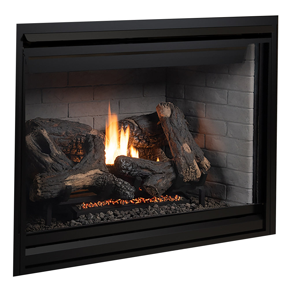 Black direct vent gas fireplace with glowing logs behind glass