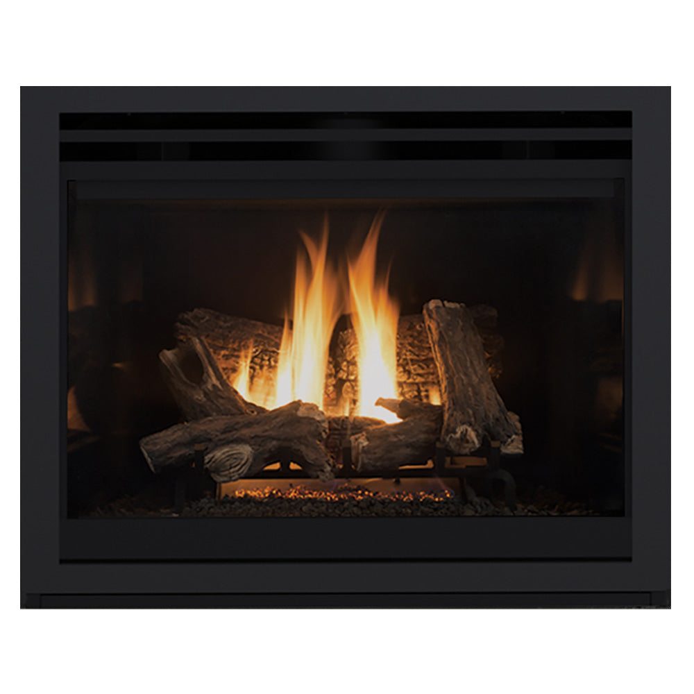 Black direct vent gas fireplace with stacked logs and visible flames behind glass
