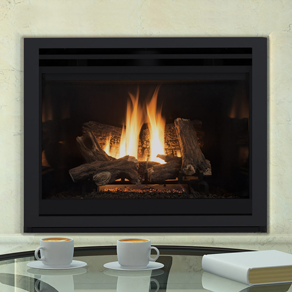 Black direct vent gas fireplace with burning logs behind glass front