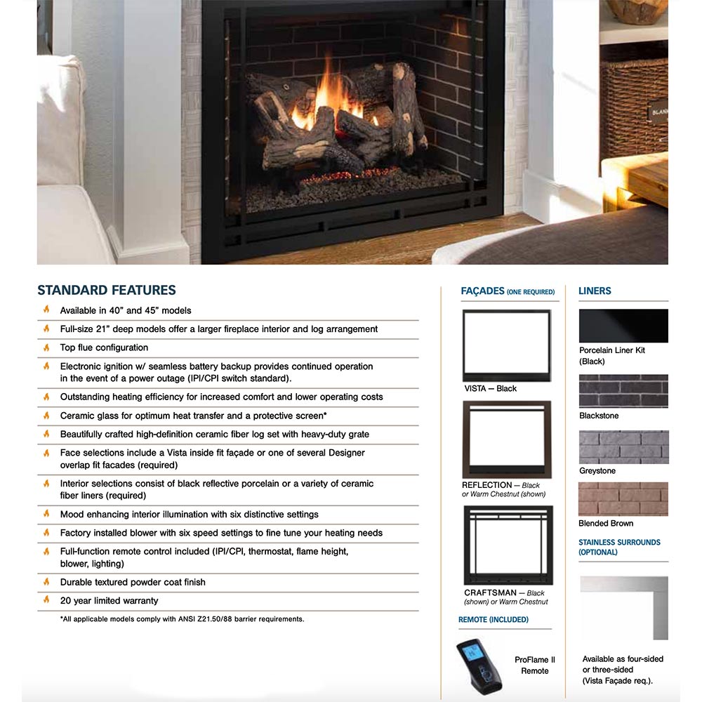 Direct vent gas fireplace brochure page showing facade and liner option lists