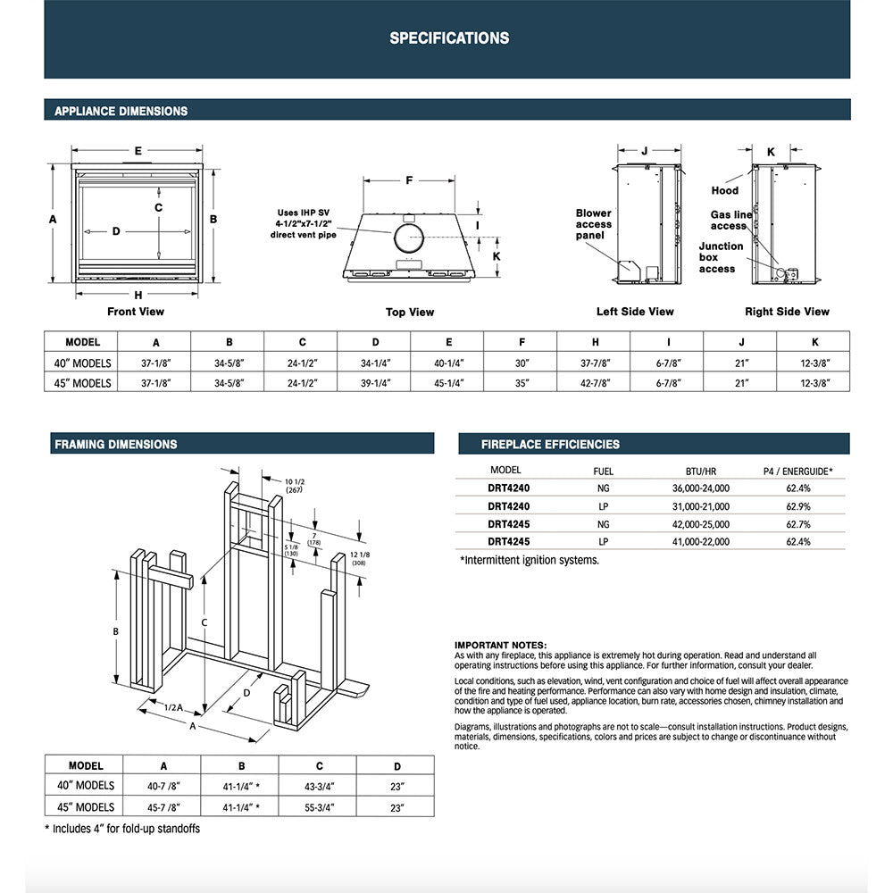 Direct vent gas fireplace specifications page with dimension diagrams and efficiency chart