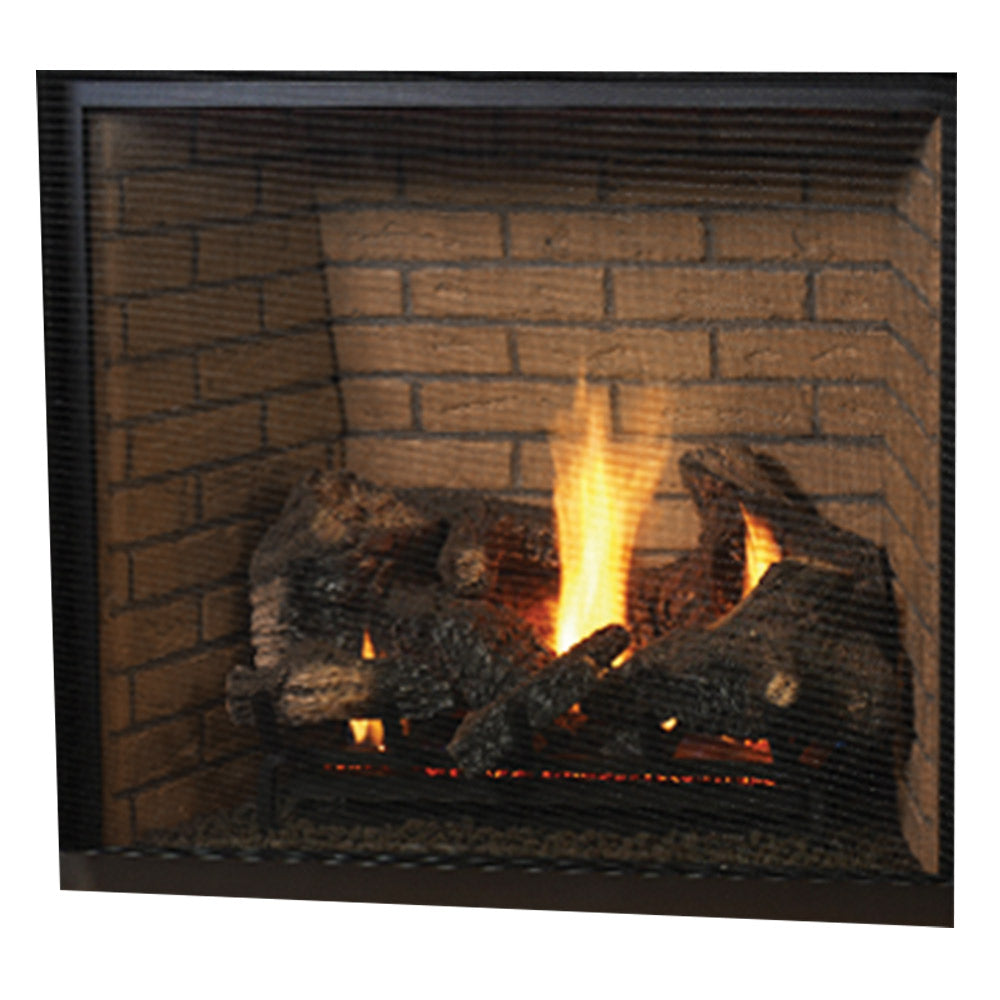 Direct vent gas fireplace with split oak logs and glowing flames in brick surround