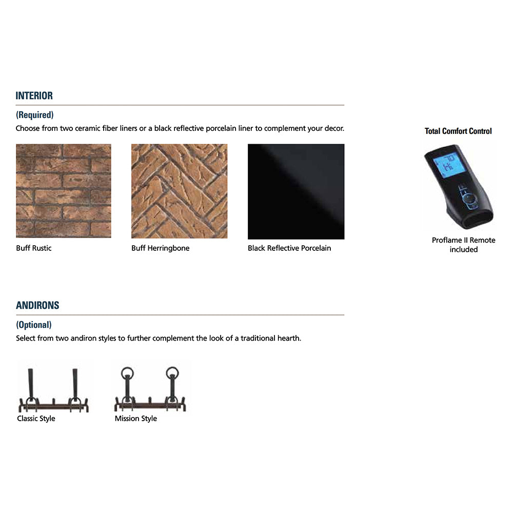 Gas fireplace liner color swatches and included remote control shown on a chart