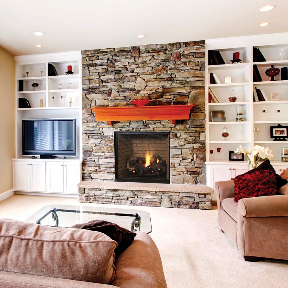 Direct vent gas fireplace with black framed firebox, glowing flames, split oak log set