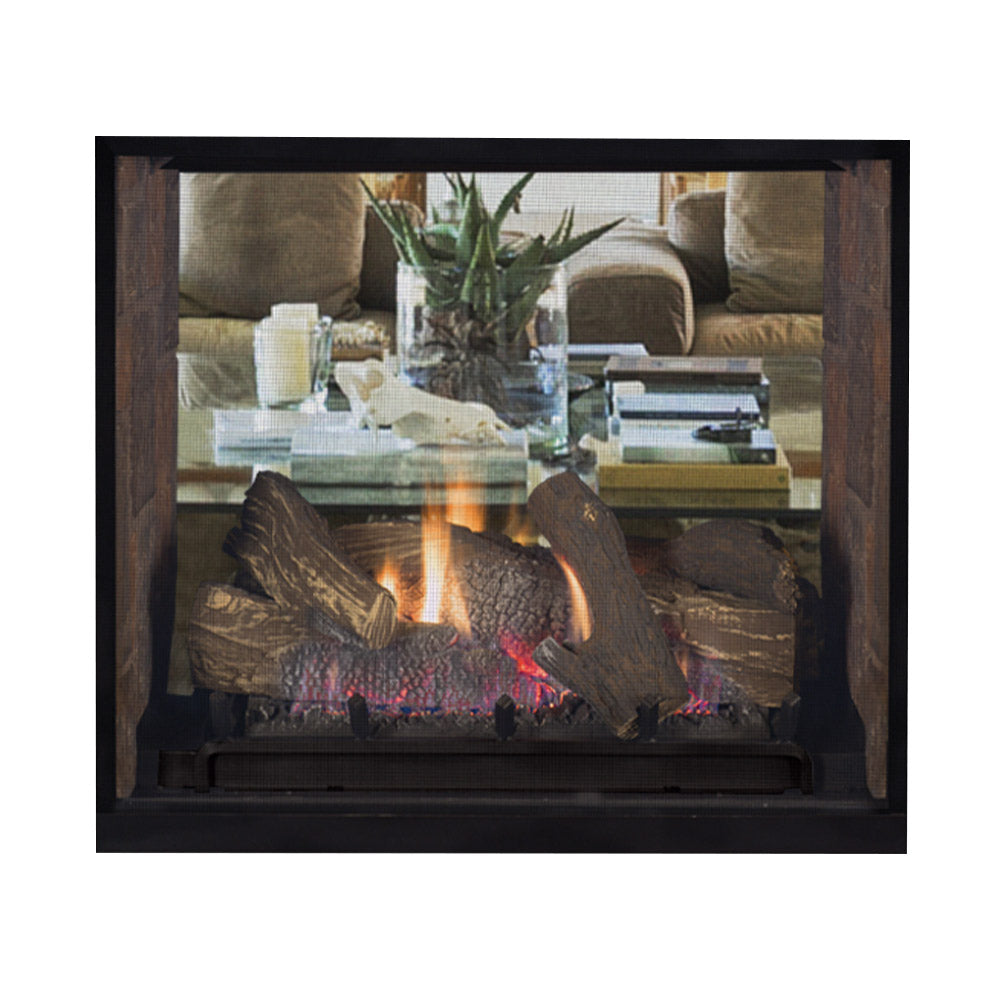 Direct vent gas fireplace with glowing logs behind a see-through glass front