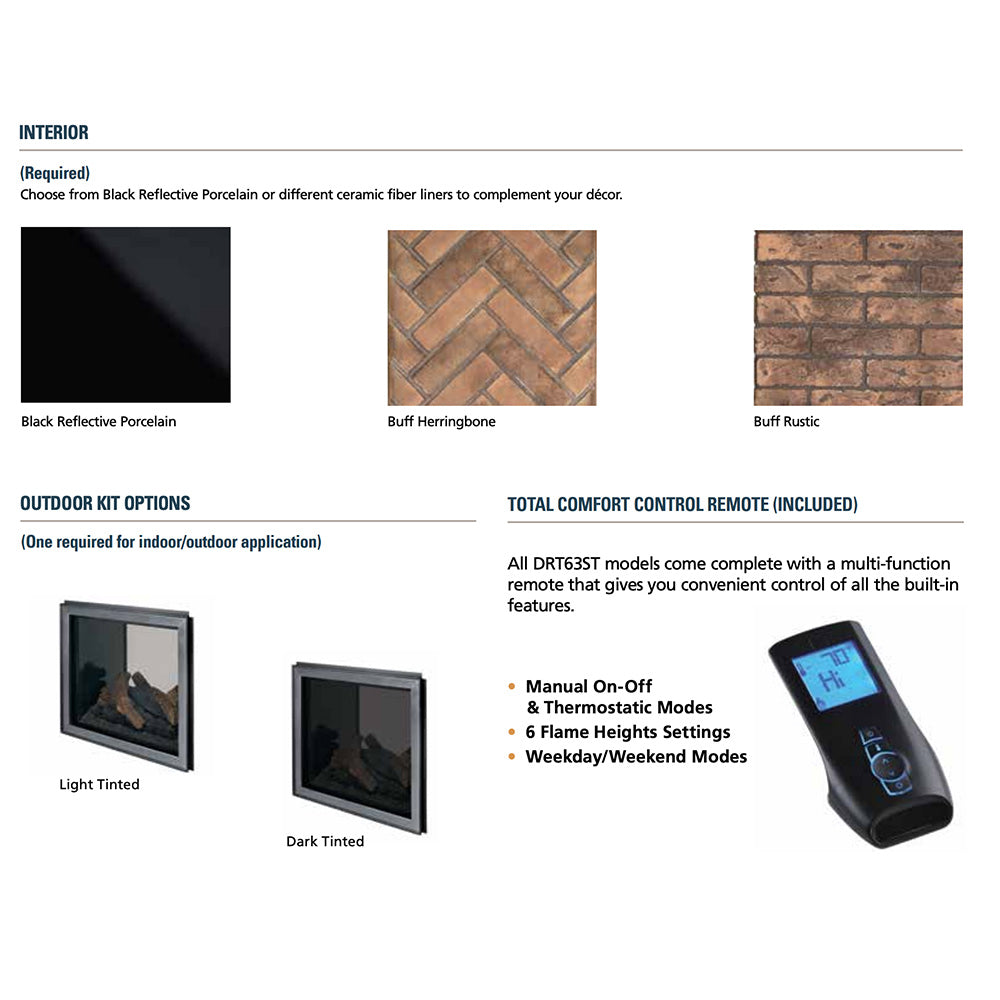 Gas fireplace control remote with interior and glass tint option graphics